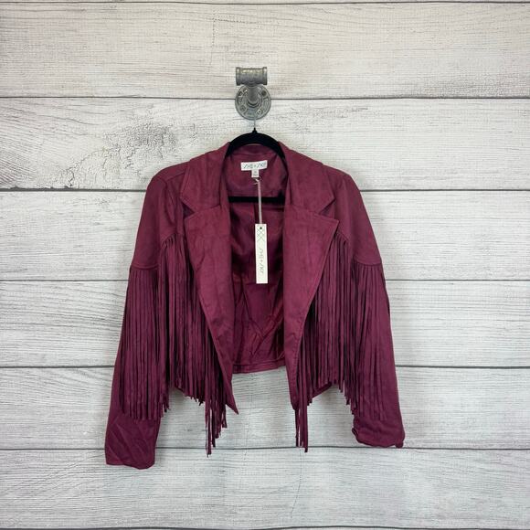 She & Sky Women's Purple Burgundy Faux Suede Fringe Boho Jacket Size Medium - Picture 1 of 7